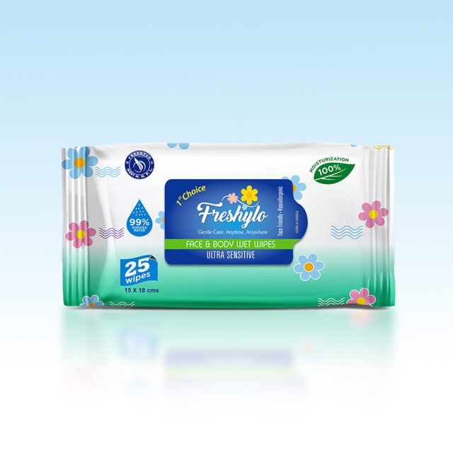Freshylo Ultra Sensitive Face & Body Wet Wipes (15 x 18 cm – 25 Wipes) – 99% Purified Water