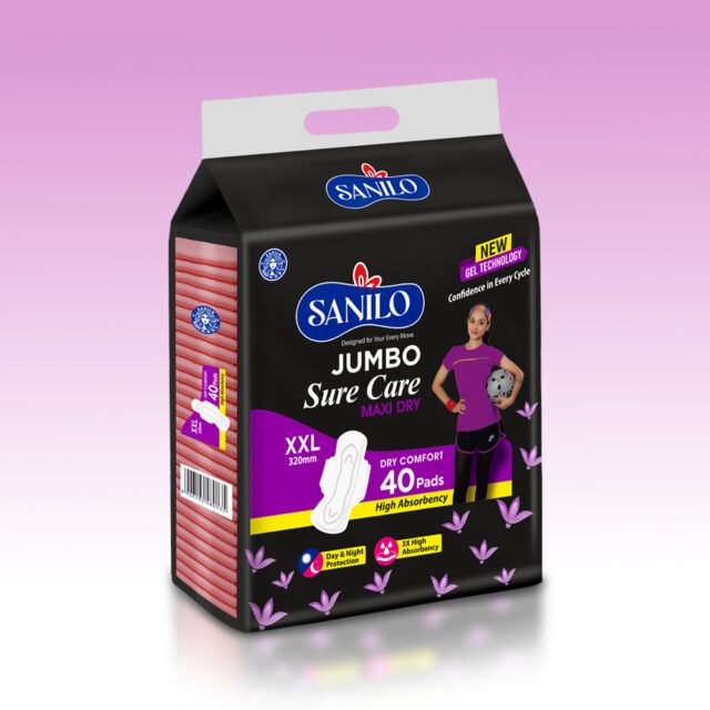 Sanilo Jumbo Sure Care Maxi Dry Sanitary Pads (XXL, 320mm – 40 Pads) – 3X High Absorbency.