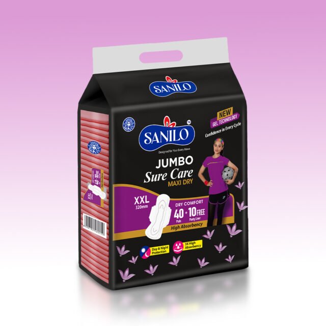 Sanilo Jumbo Sure Care Maxi Dry Sanitary Pads (XXL, 320mm – 40 Pads + 10 Free Panty Liners)